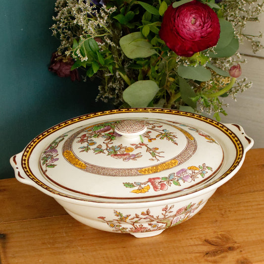 1930s Indian Tree by WASHINGTON Pottery English Vintage Ironstone Polychrome Covered Serving Tureen  Fine China