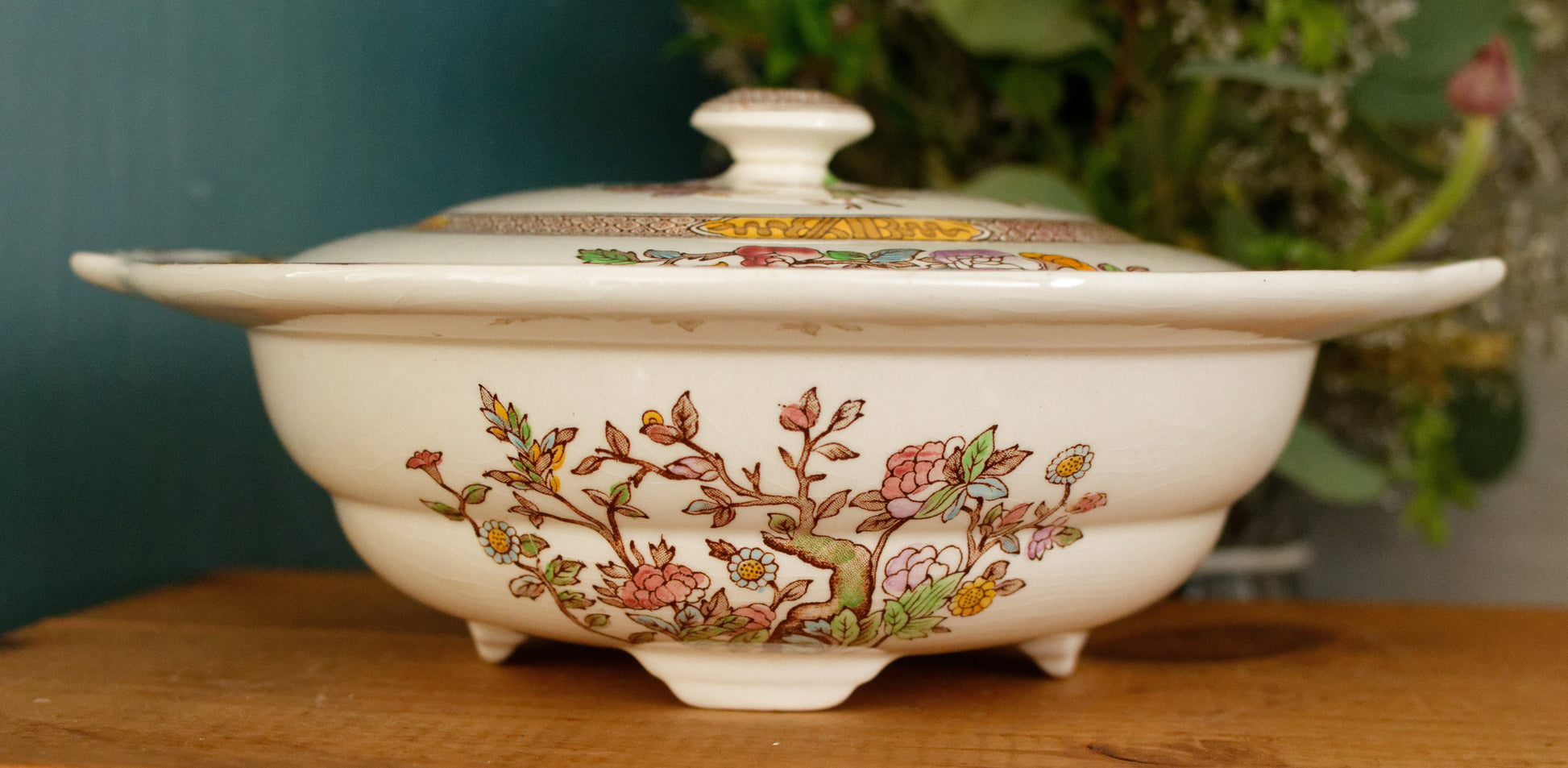 1930s Indian Tree by WASHINGTON Pottery English Vintage Ironstone Polychrome Covered Serving Tureen  Fine China