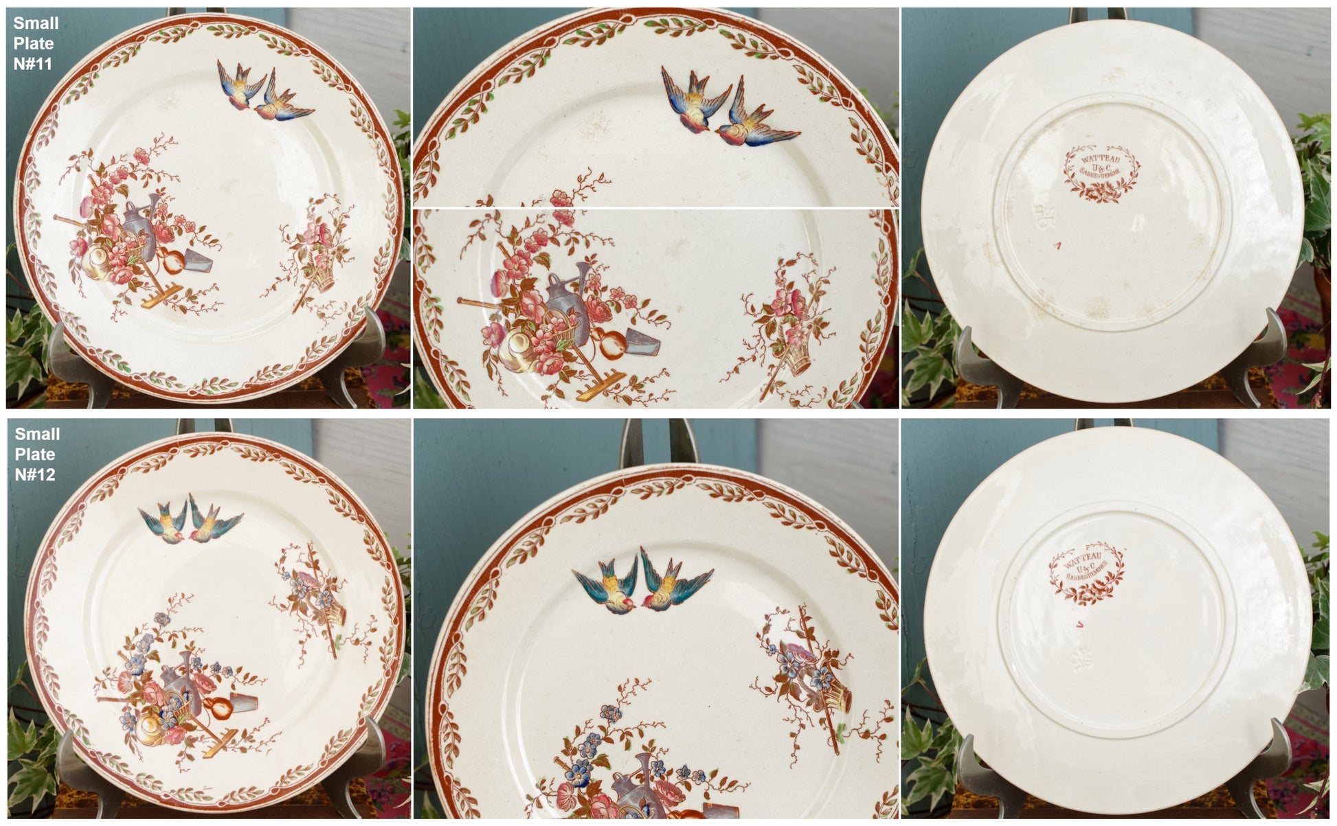 French Antique Ironstone Polychrome Plate Watteau Motif Sarreguemines U&C Terre de Fer Faience