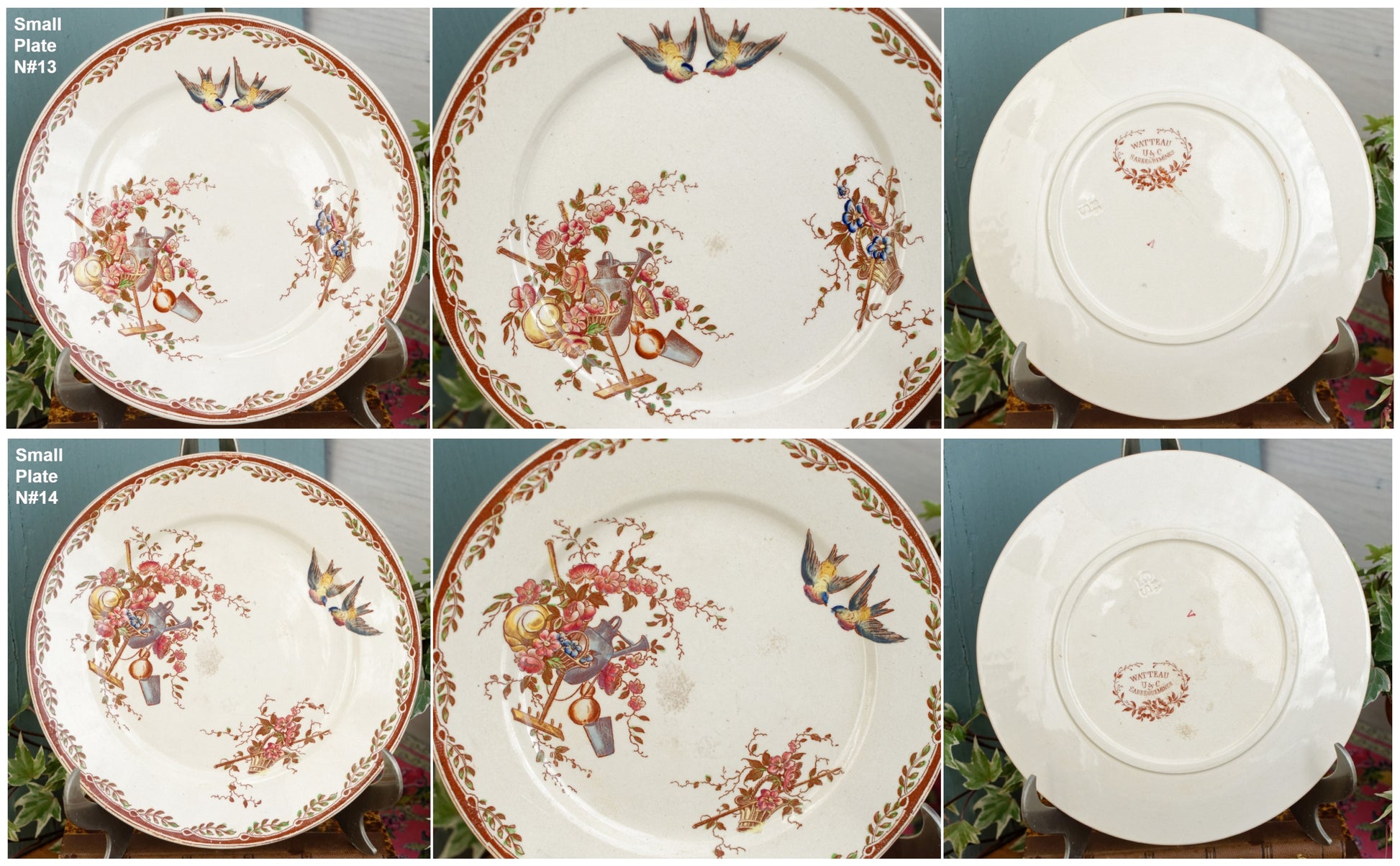 French Antique Ironstone Polychrome Plate Watteau Motif Sarreguemines U&C Terre de Fer Faience