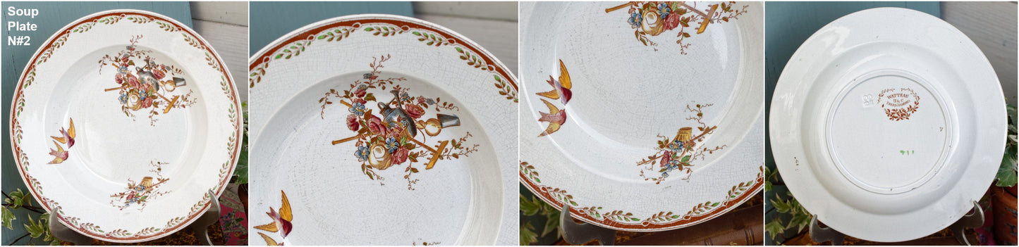 French Antique Ironstone Polychrome Plate Watteau Motif Sarreguemines U&C Terre de Fer Faience