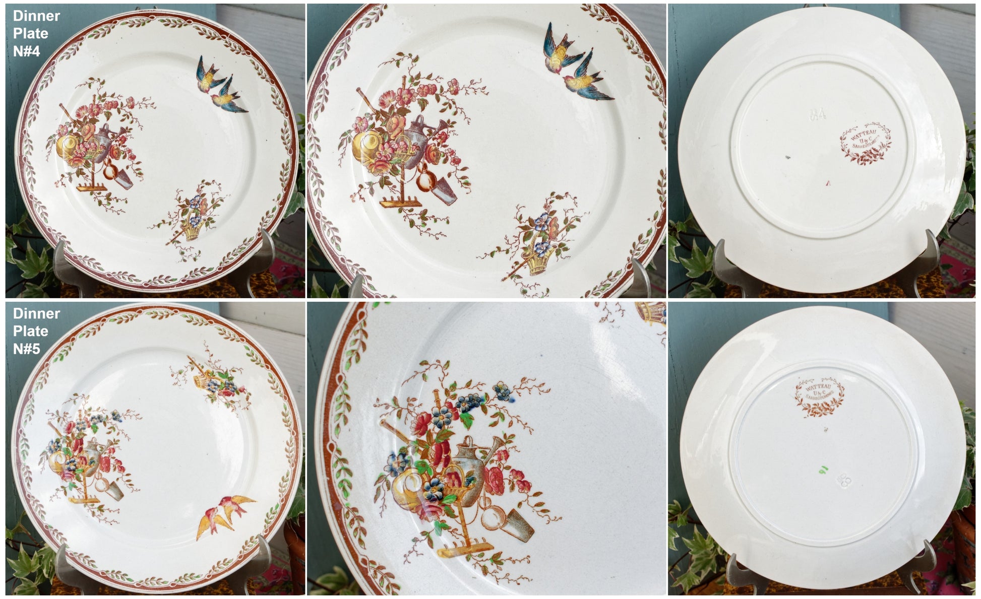 French Antique Ironstone Polychrome Plate Watteau Motif Sarreguemines U&C Terre de Fer Faience