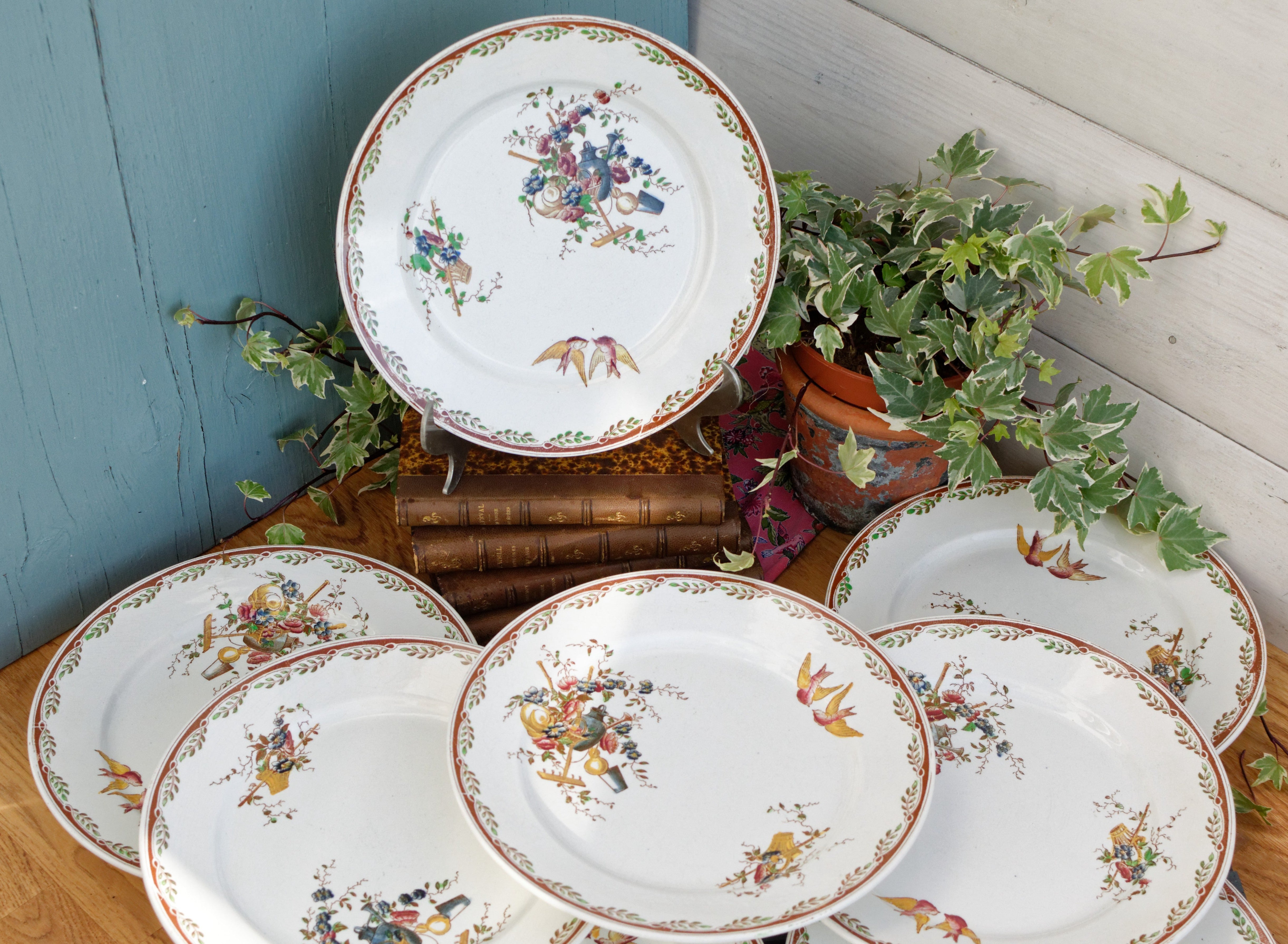 Antique french green transferware footed cake plate. Louis XVI flower garlands and good bows. French ironstone cake stand