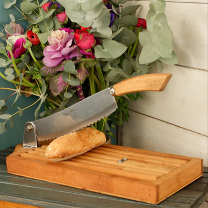 French Vintage Wooden Bread Slicer with Crumb Collector & Hinged Stainless Steel Knife  by Roger Orfevre Coupe Pain Ramasse Miettes en Bois Baguette Slicer Guillotine