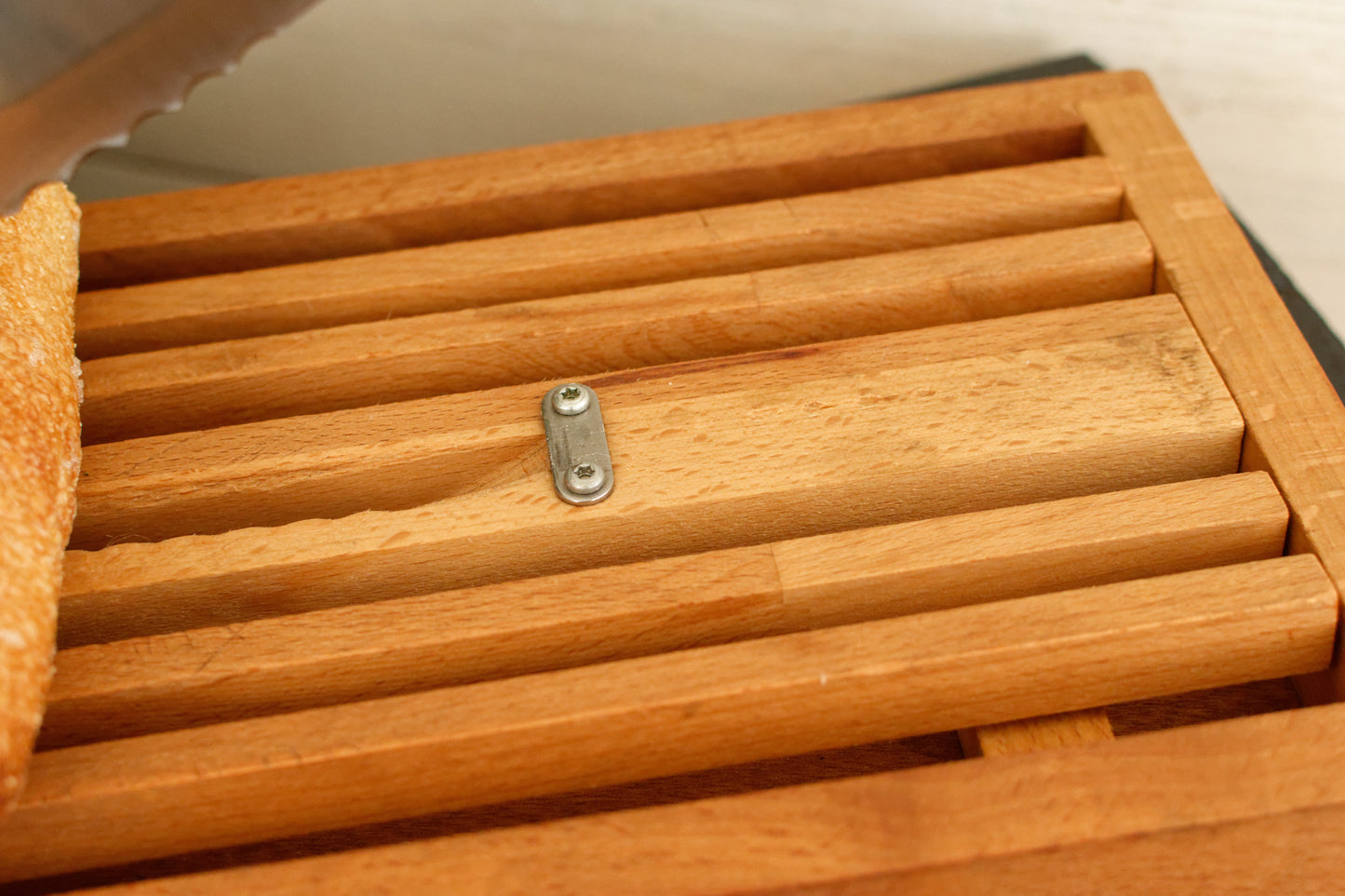 French Vintage Wooden Bread Slicer with Crumb Collector & Hinged Stainless Steel Knife  by Roger Orfevre Coupe Pain Ramasse Miettes en Bois Baguette Slicer Guillotine