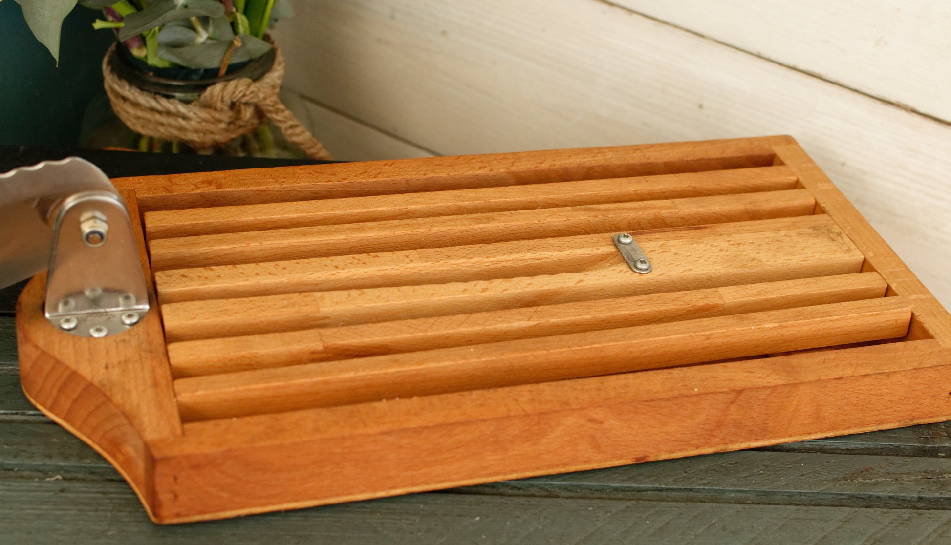 French Vintage Wooden Bread Slicer with Crumb Collector & Hinged Stainless Steel Knife  by Roger Orfevre Coupe Pain Ramasse Miettes en Bois Baguette Slicer Guillotine