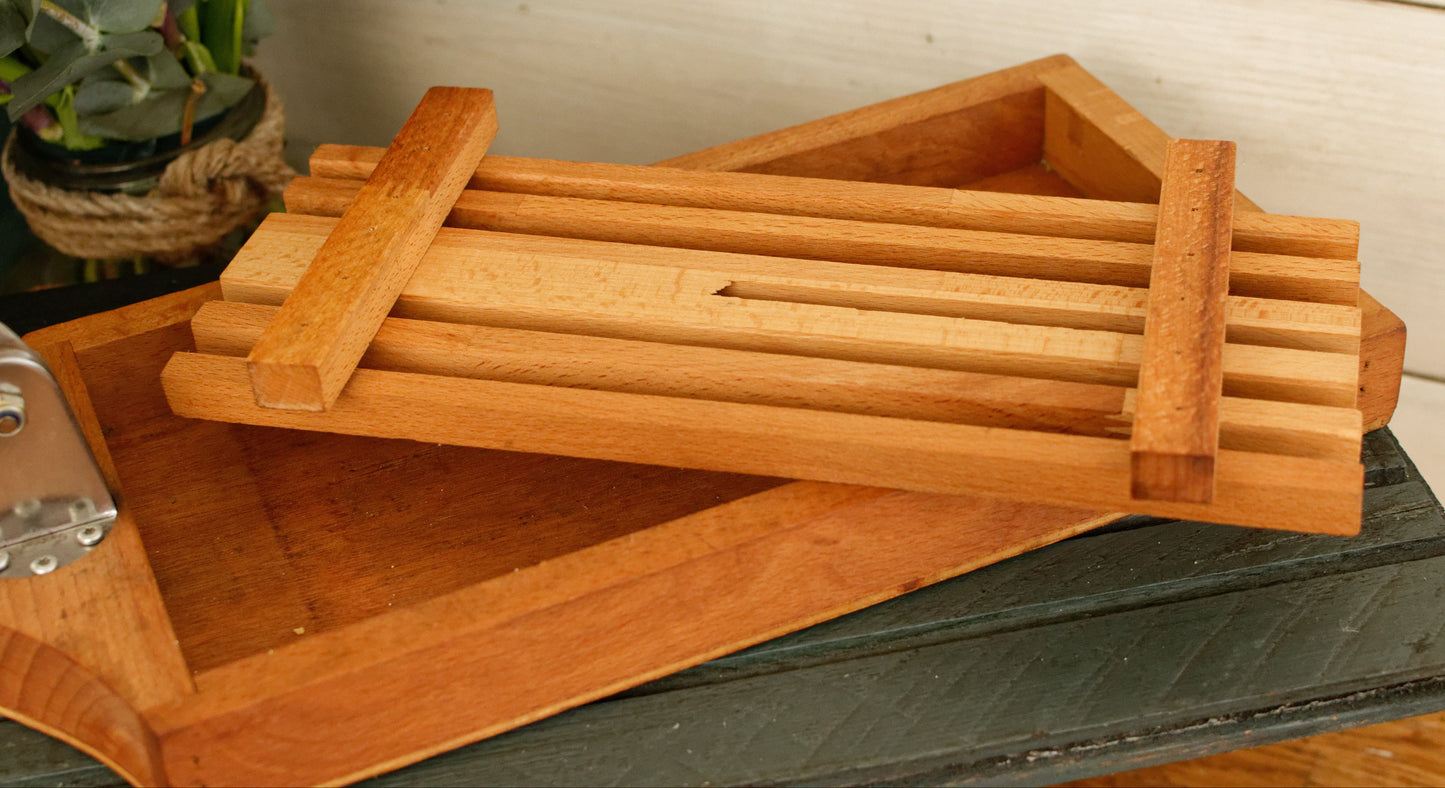 French Vintage Wooden Bread Slicer with Crumb Collector & Hinged Stainless Steel Knife  by Roger Orfevre Coupe Pain Ramasse Miettes en Bois Baguette Slicer Guillotine