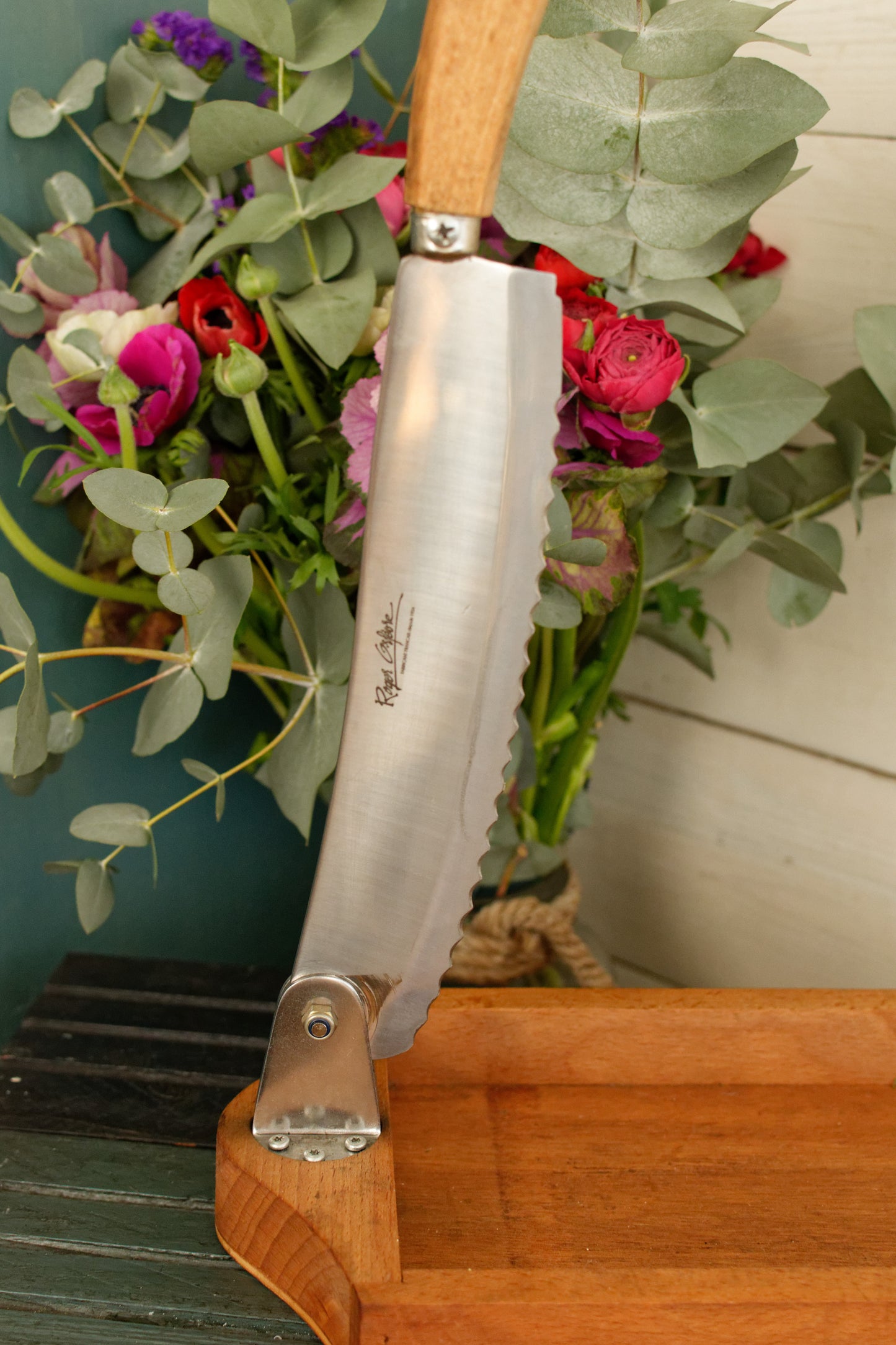 French Vintage Wooden Bread Slicer with Crumb Collector & Hinged Stainless Steel Knife  by Roger Orfevre Coupe Pain Ramasse Miettes en Bois Baguette Slicer Guillotine