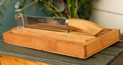 French Vintage Wooden Bread Slicer with Crumb Collector & Hinged Stainless Steel Knife  by Roger Orfevre Coupe Pain Ramasse Miettes en Bois Baguette Slicer Guillotine