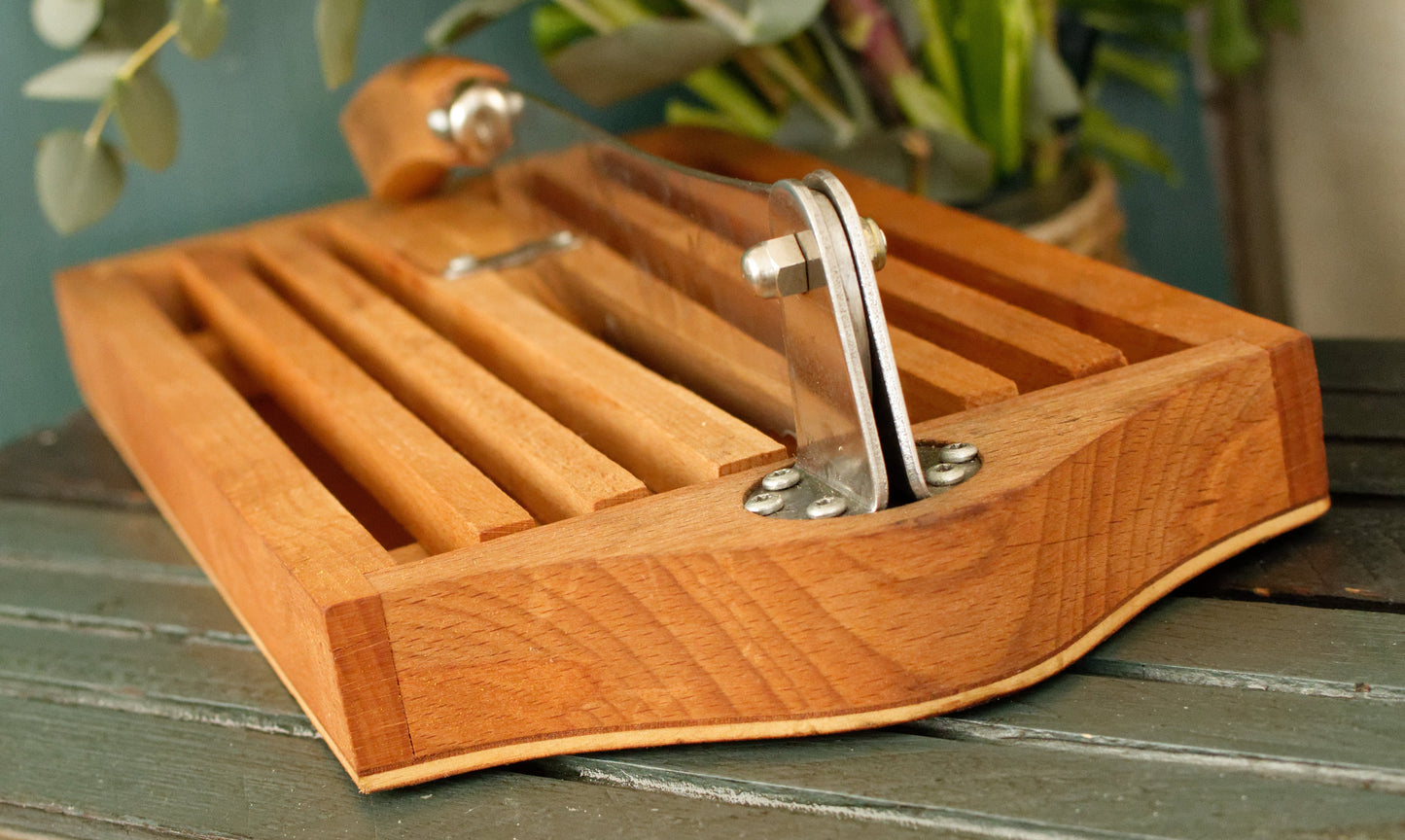 French Vintage Wooden Bread Slicer with Crumb Collector & Hinged Stainless Steel Knife  by Roger Orfevre Coupe Pain Ramasse Miettes en Bois Baguette Slicer Guillotine