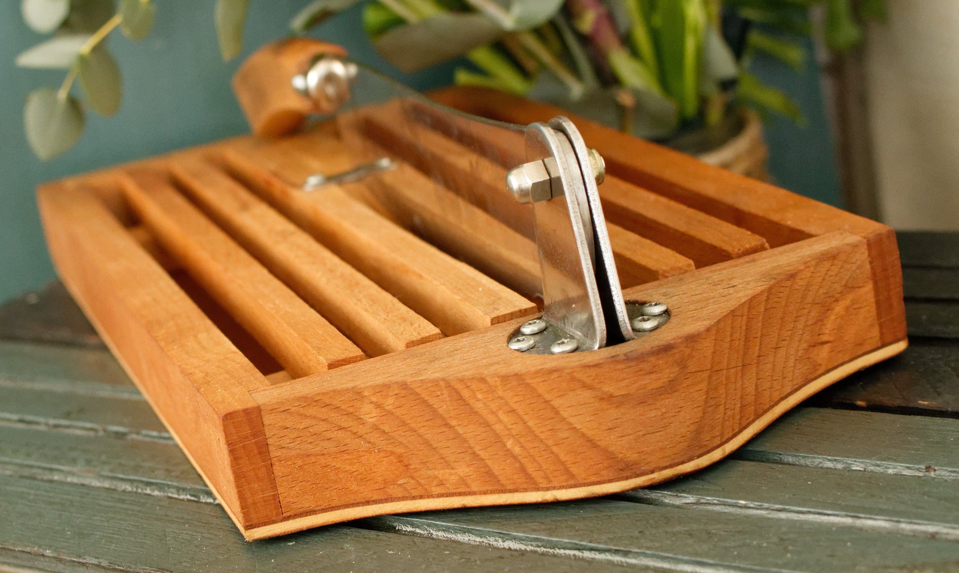 French Vintage Wooden Bread Slicer with Crumb Collector & Hinged Stainless Steel Knife  by Roger Orfevre Coupe Pain Ramasse Miettes en Bois Baguette Slicer Guillotine