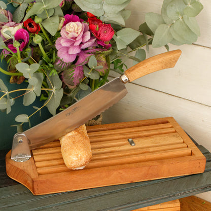 French Vintage Wooden Bread Slicer with Crumb Collector & Hinged Stainless Steel Knife  by Roger Orfevre Coupe Pain Ramasse Miettes en Bois Baguette Slicer Guillotine
