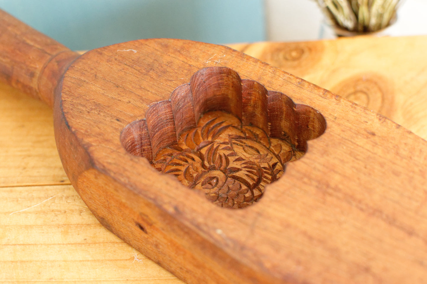 French Antique Wooden Hand-Carved Butter Mold (Mould) Stamp Embossed Scene Design