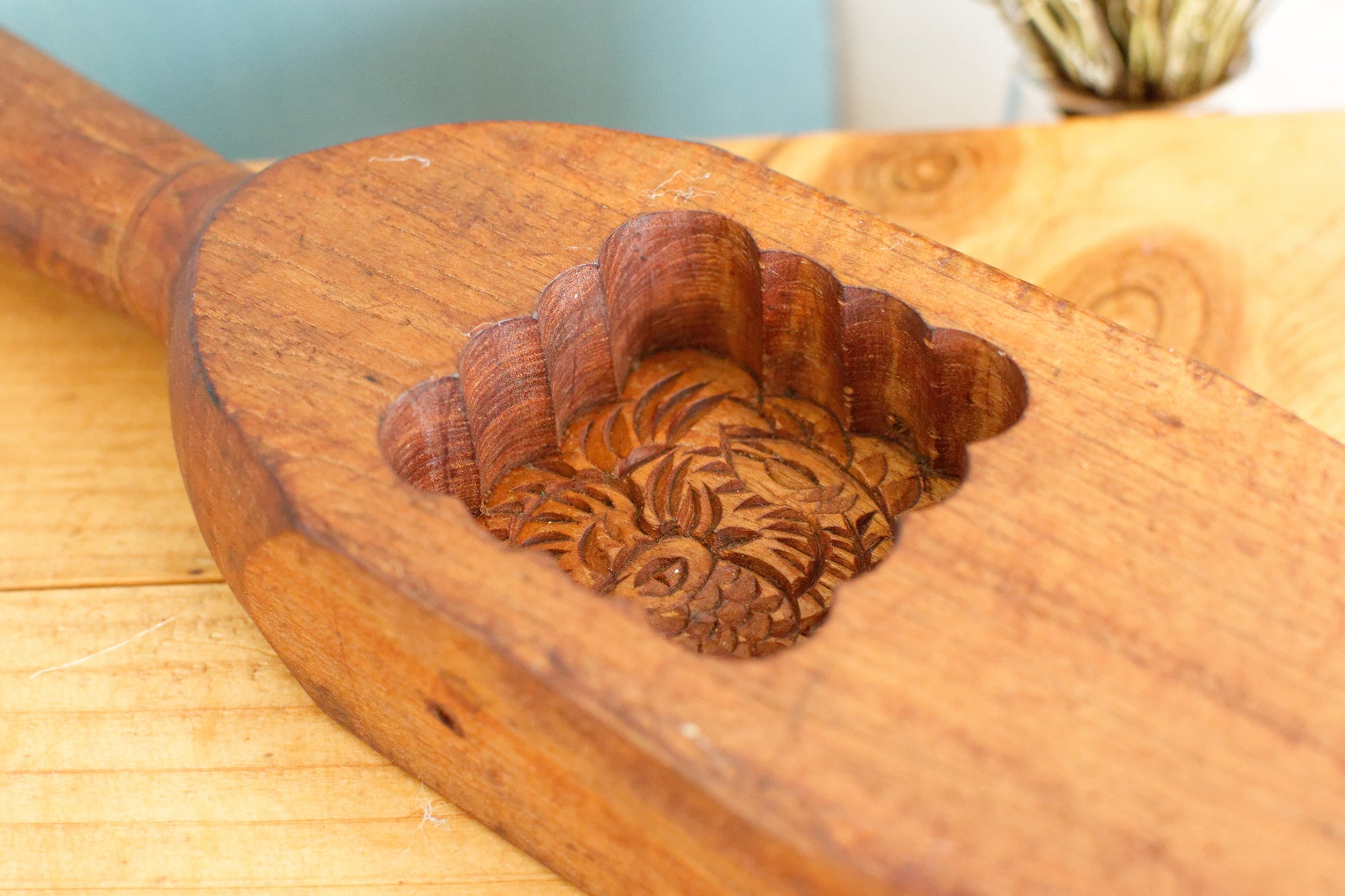 French Antique Wooden Hand-Carved Butter Mold (Mould) Stamp Embossed Scene Design