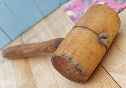 French Vintage Wooden Mallet "MARTEAU MAILLET EN BOIS" Handmade Woodworking Manual Hammer Primitive Rustic Farmhouse Tool