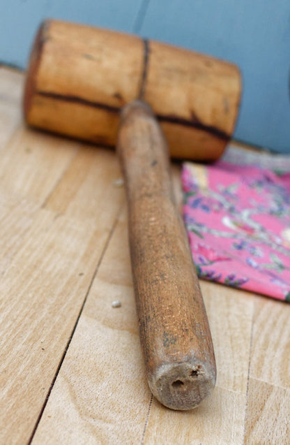 French Vintage Wooden Mallet "MARTEAU MAILLET EN BOIS" Handmade Woodworking Manual Hammer Primitive Rustic Farmhouse Tool