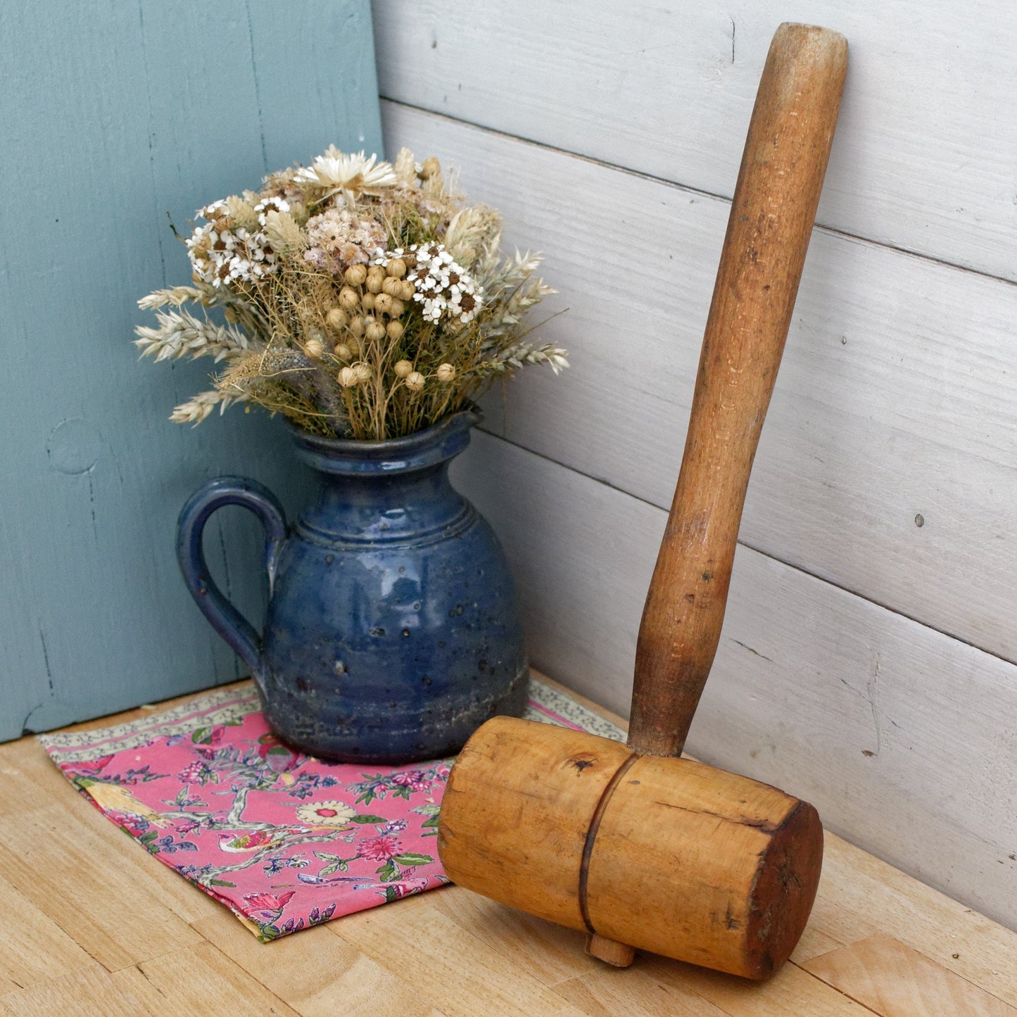 French Vintage Wooden Mallet "MARTEAU MAILLET EN BOIS" Handmade Woodworking Manual Hammer Primitive Rustic Farmhouse Tool