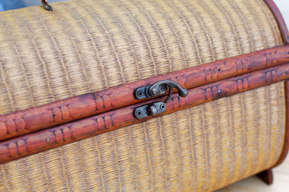 French Vintage Wicker Lidded Storage Carrier with handle ~ Rustic Farmhouse Storage Bin