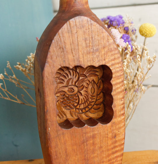 French Antique Wooden Hand-Carved Butter Mold (Mould) Stamp Embossed Scene Design