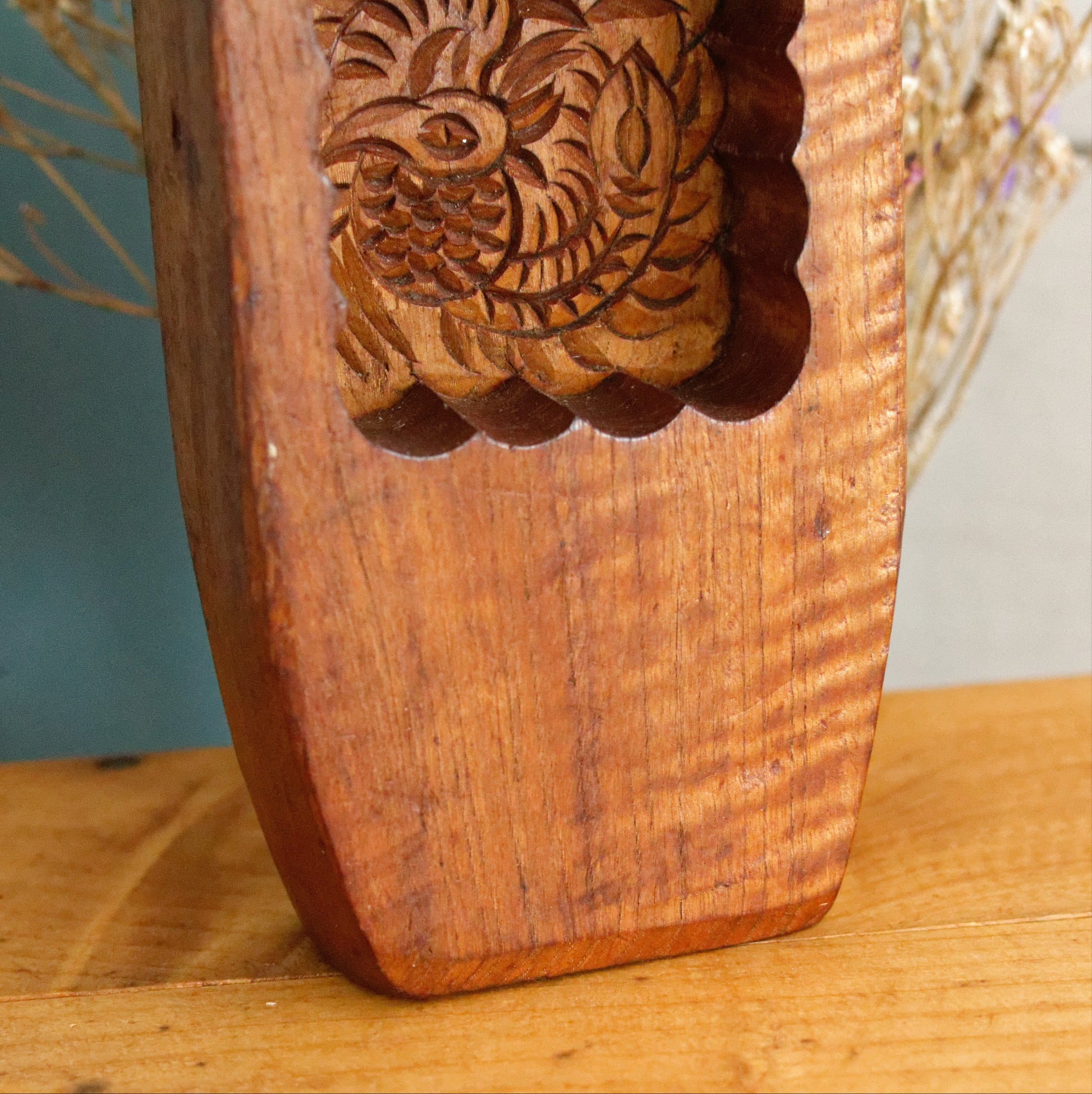 French Antique Wooden Hand-Carved Butter Mold (Mould) Stamp Embossed Scene Design