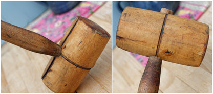 French Vintage Wooden Mallet "MARTEAU MAILLET EN BOIS" Handmade Woodworking Manual Hammer Primitive Rustic Farmhouse Tool
