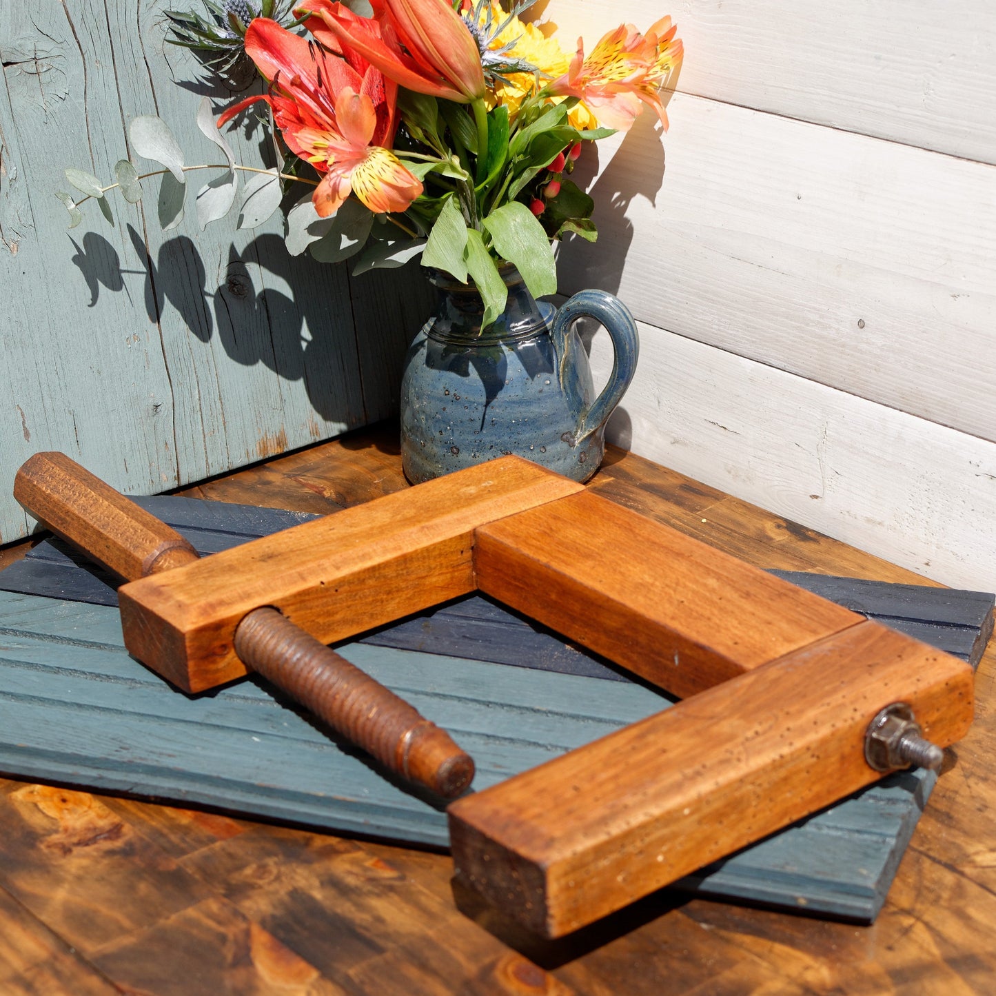 1920s ~  Library C Clamp ~ French Antique Large Wooden Clamp ~ Screw Press ~ Vice ~ Joinery Tool