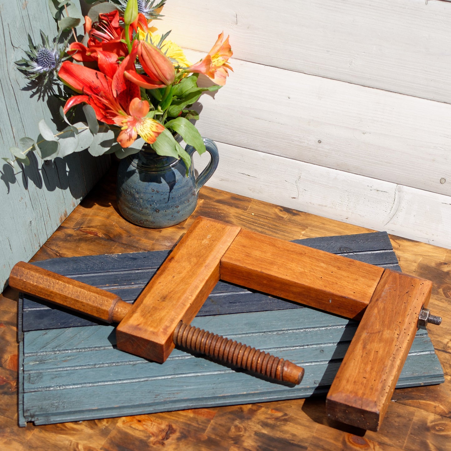 1920s ~  Library C Clamp ~ French Antique Large Wooden Clamp ~ Screw Press ~ Vice ~ Joinery Tool