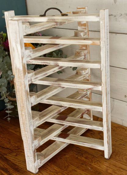 French Vintage Wooden 6 Tier Folding Bakery Pie Pastry Cooling Rack Présentoir à Patisserie Gâteaux en Bois Distressed Biege