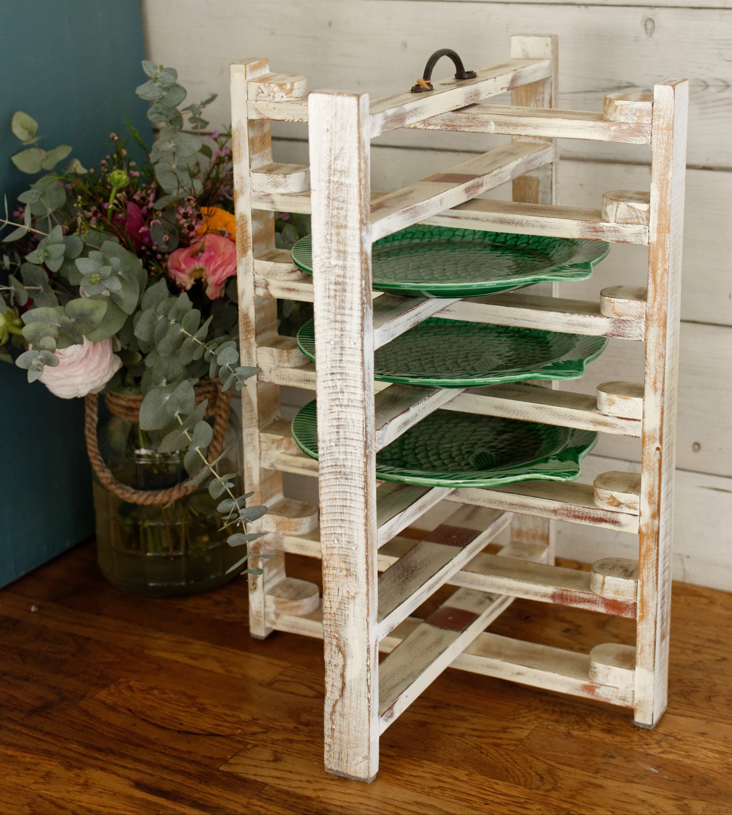 French Vintage Wooden 6 Tier Folding Bakery Pie Pastry Cooling Rack Présentoir à Patisserie Gâteaux en Bois Distressed Biege