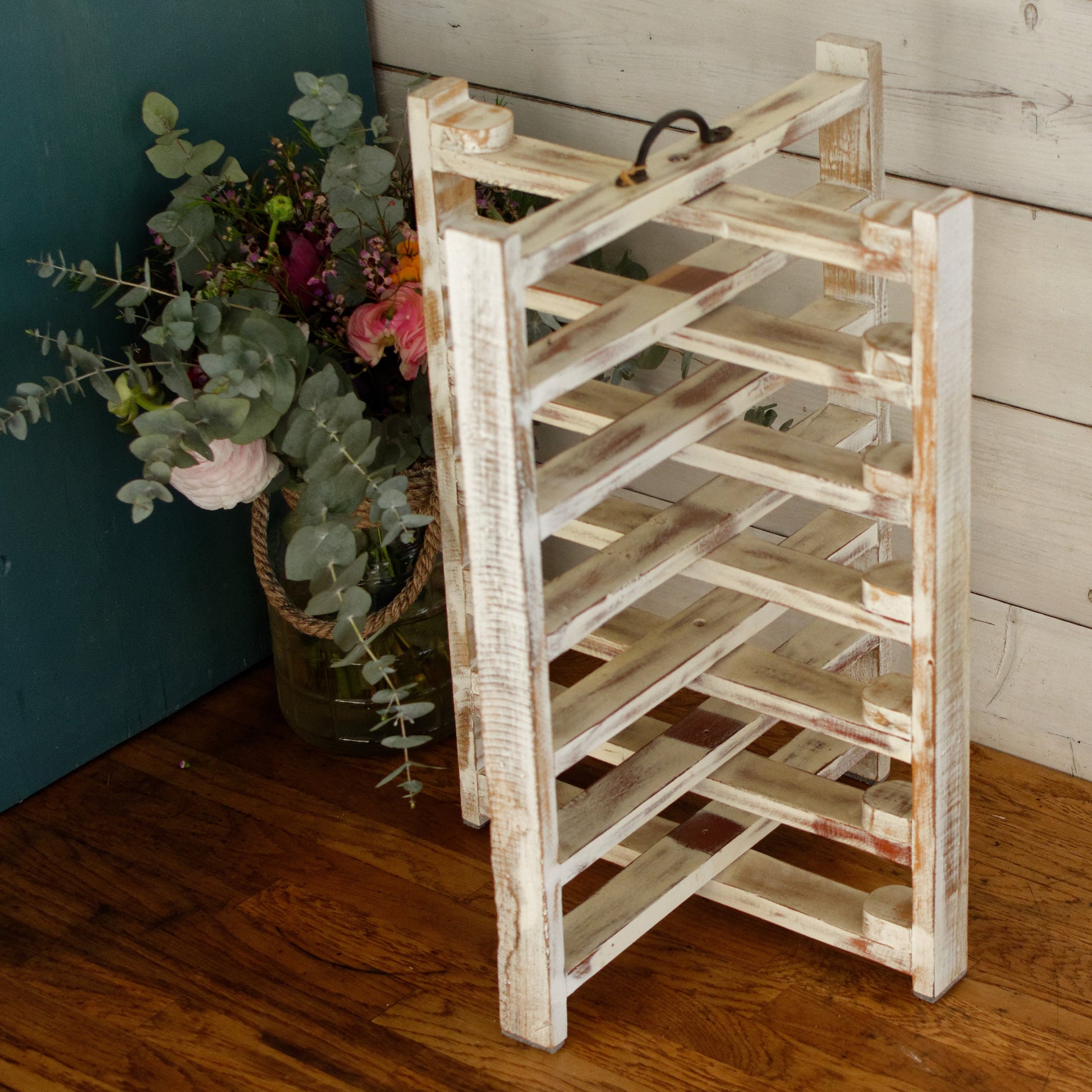 French Vintage Wooden 6 Tier Folding Bakery Pie Pastry Cooling Rack Présentoir à Patisserie Gâteaux en Bois Distressed Biege