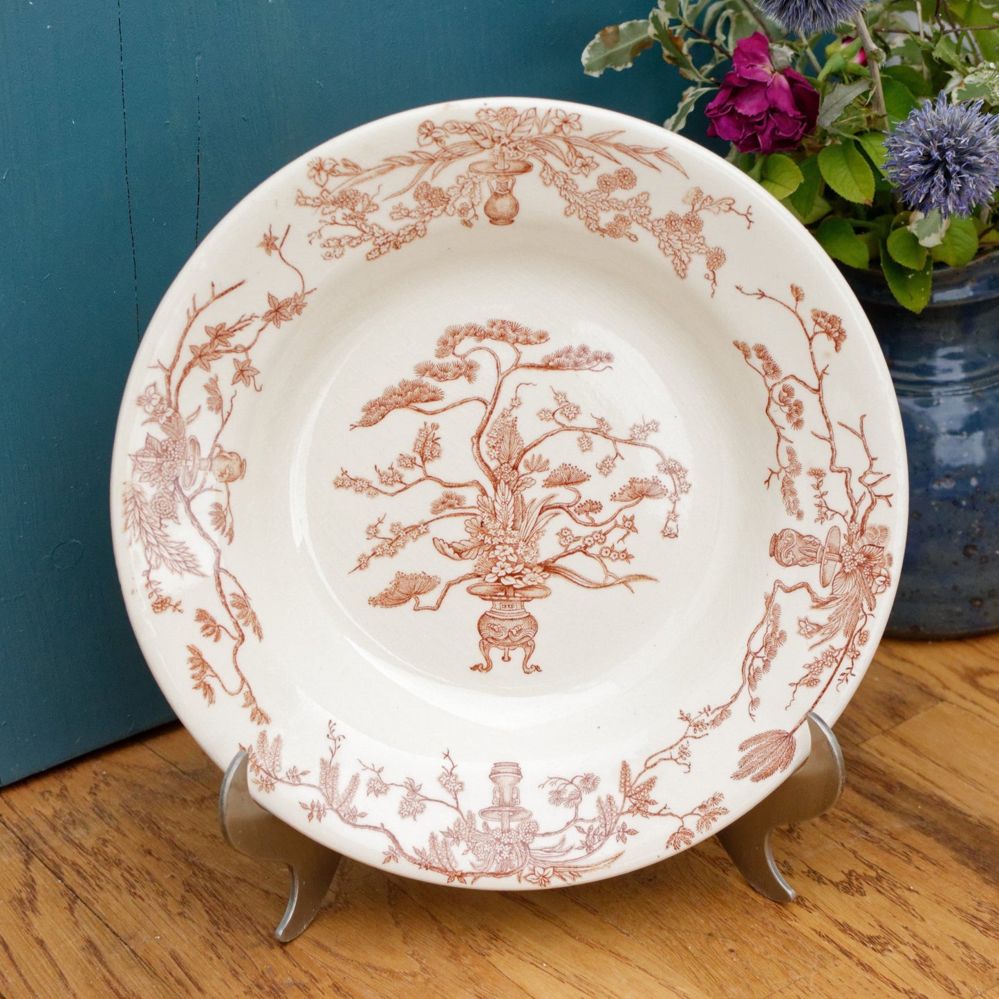 YEDDO Medailles D'Or Faiencerie de GIEN Diplomes D'Honneur French Antique Ironstone Brown Transferware Soup Plate Terre de Fer