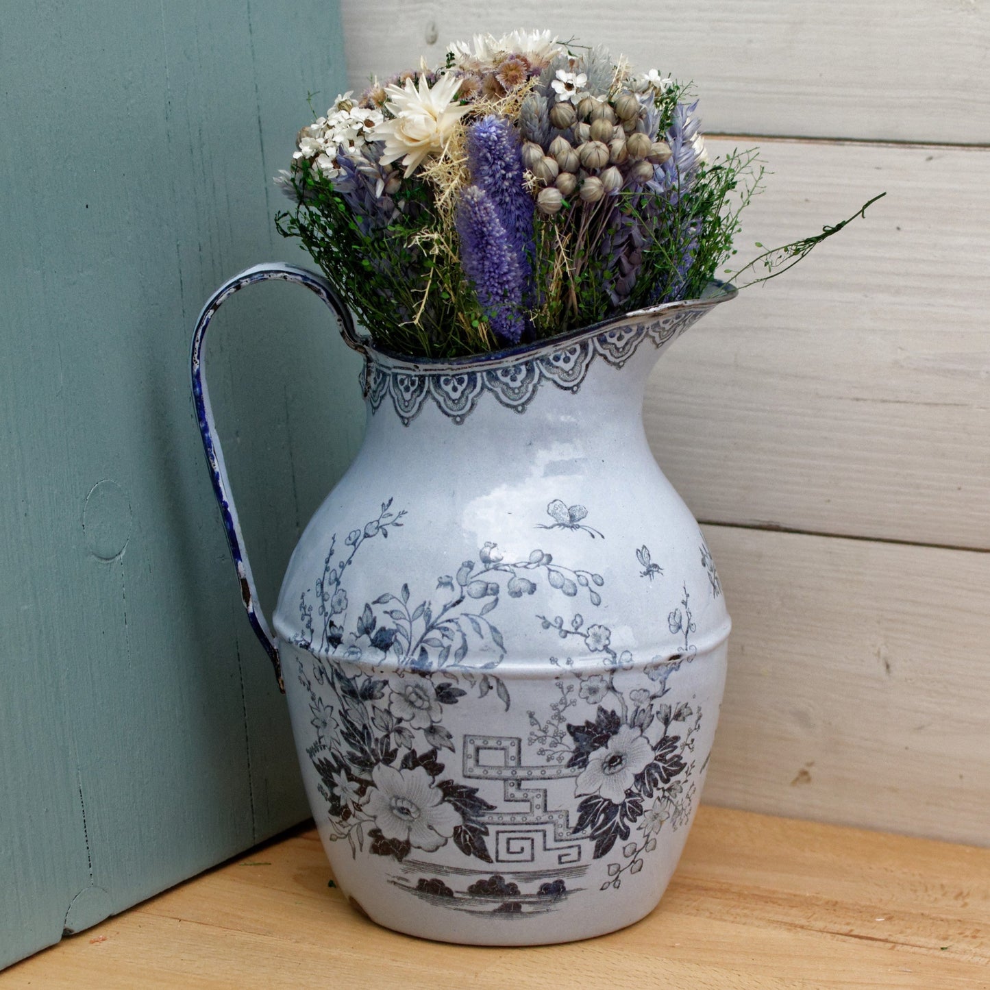 YEDDO Asian Themed French Antique Collectible Enamelware Water Pitcher White Enamel Watering Can