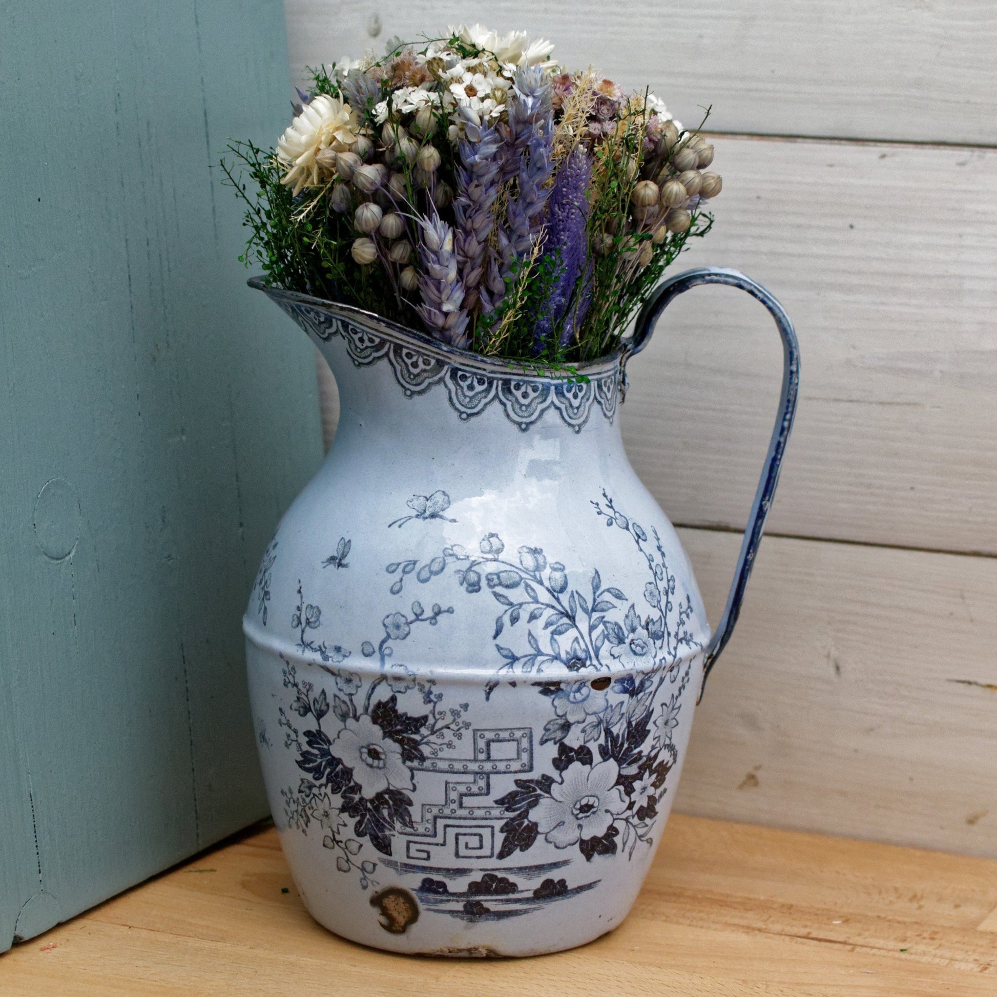 YEDDO Asian Themed French Antique Collectible Enamelware Water Pitcher White Enamel Watering Can