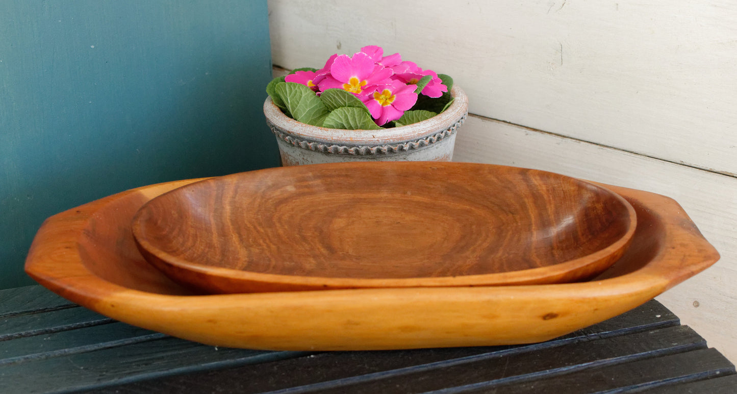 French Vintage Wooden Dough Bread Bowl Set of 2 Primitive Farmhouse Rustic Kitchen Decor