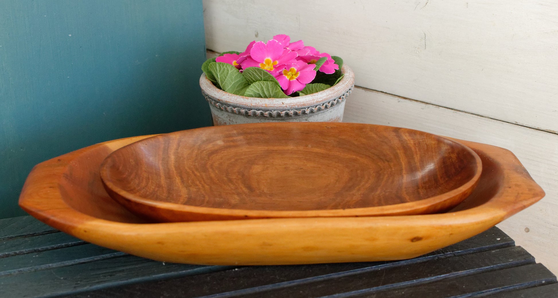 French Vintage Wooden Dough Bread Bowl Set of 2 Primitive Farmhouse Rustic Kitchen Decor