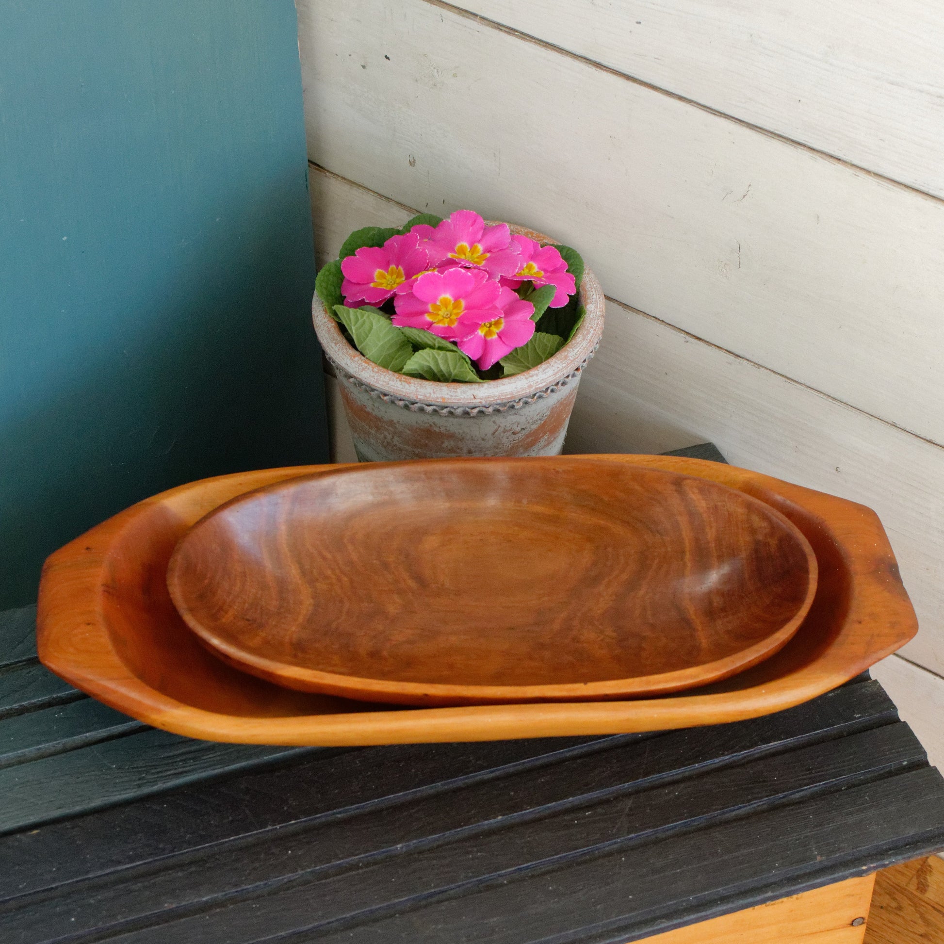 French Vintage Wooden Dough Bread Bowl Set of 2 Primitive Farmhouse Rustic Kitchen Decor
