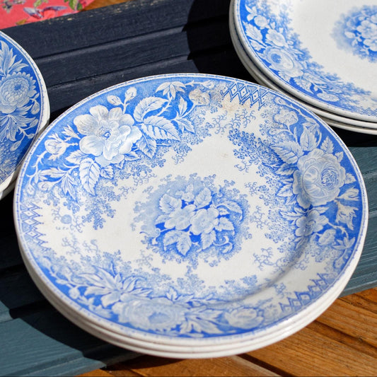 1890s ~ "JARDINIERE" Sarreguemines U&C ~ French Antique Ironstone Blue Transferware Small Plate ~ 2 patterns ~ Terre de Fer Faience