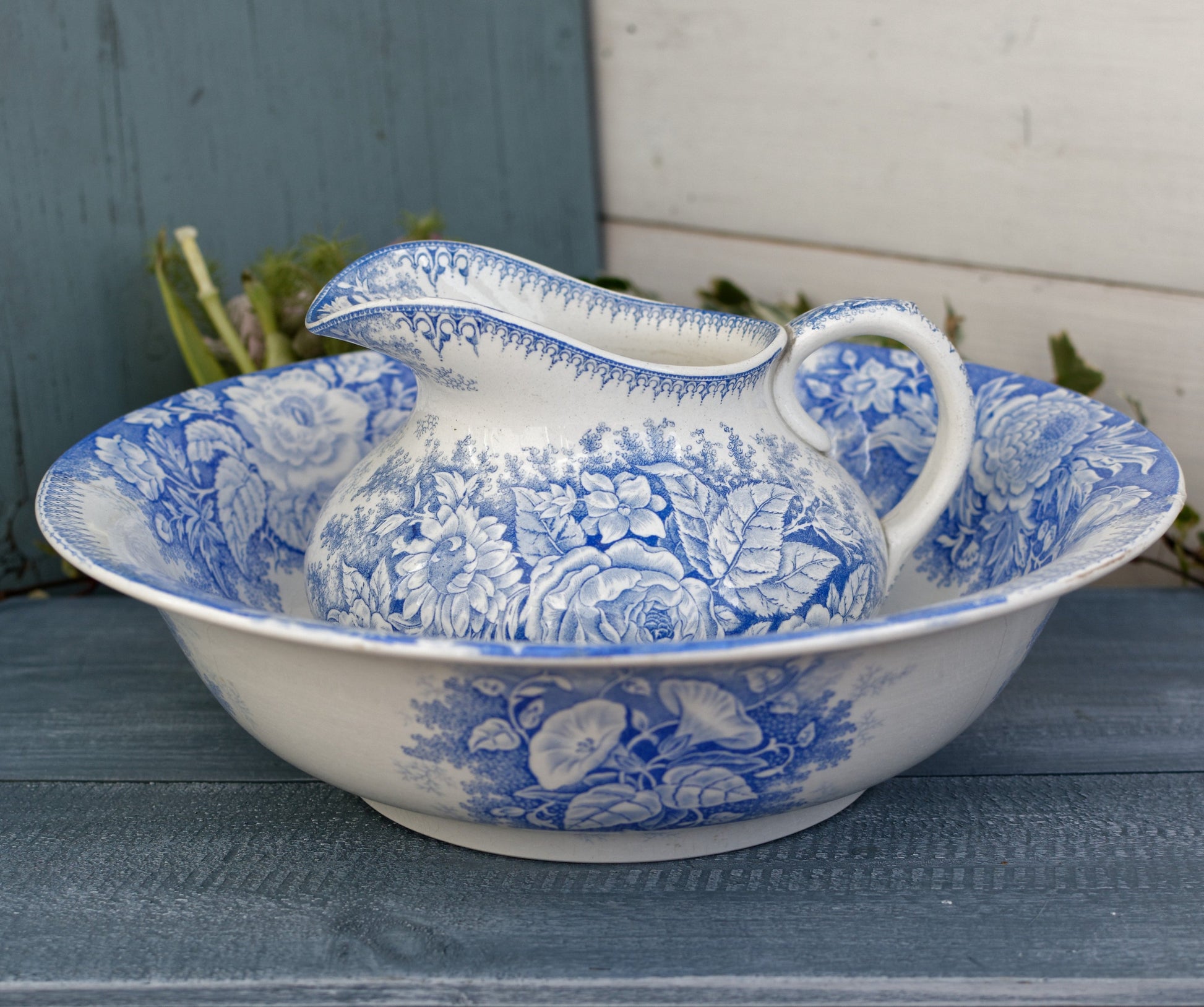 Fleurs Jardineire FF Pexonne Sarreguemines French Antique Collectible Ironstone Blue Transferware Bathroom Set Pitcher BROC & Basin CUVETTE Terre de fer