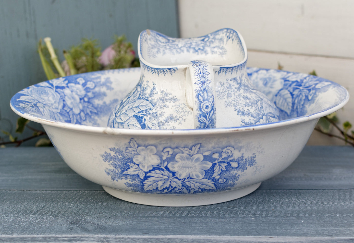 Fleurs Jardineire FF Pexonne Sarreguemines French Antique Collectible Ironstone Blue Transferware Bathroom Set Pitcher BROC & Basin CUVETTE Terre de fer