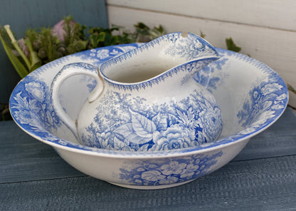 Fleurs Jardineire FF Pexonne Sarreguemines French Antique Collectible Ironstone Blue Transferware Bathroom Set Pitcher BROC & Basin CUVETTE Terre de fer