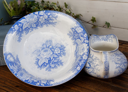 Fleurs Jardineire FF Pexonne Sarreguemines French Antique Collectible Ironstone Blue Transferware Bathroom Set Pitcher BROC & Basin CUVETTE Terre de fer