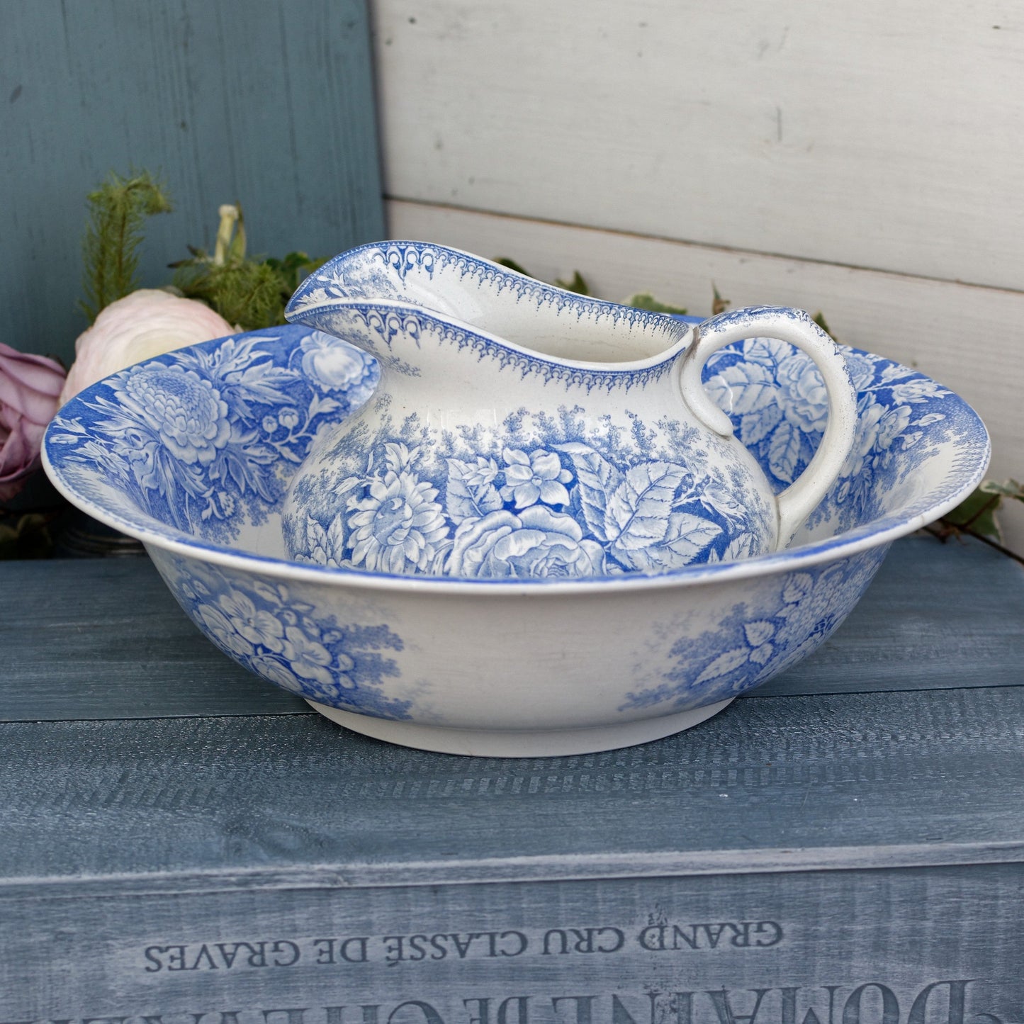 Fleurs Jardineire FF Pexonne Sarreguemines French Antique Collectible Ironstone Blue Transferware Bathroom Set Pitcher BROC & Basin CUVETTE Terre de fer