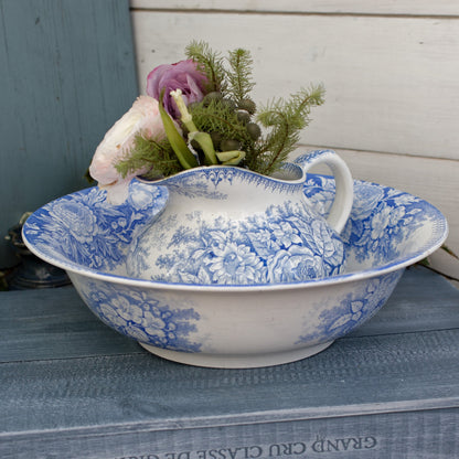 Fleurs Jardineire FF Pexonne Sarreguemines French Antique Collectible Ironstone Blue Transferware Bathroom Set Pitcher BROC & Basin CUVETTE Terre de fer