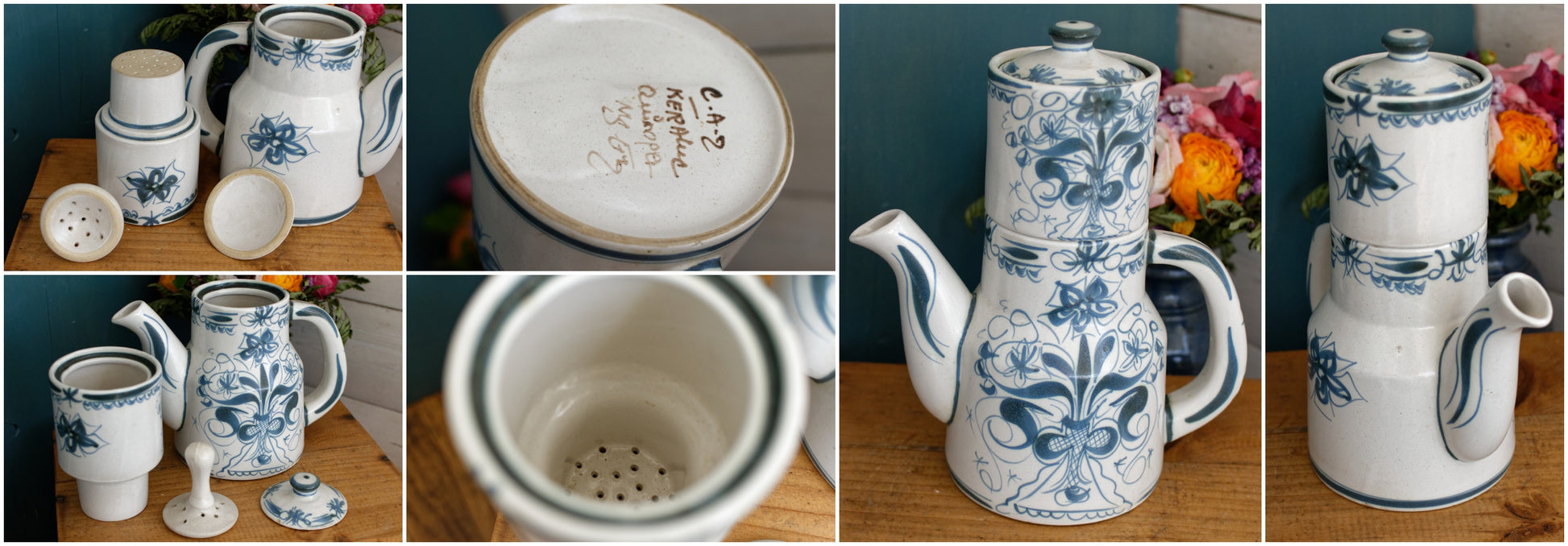 KERALUC Quimper French Vintage Breton Handmade Glazed Stoneware Coffee Tea Service Faïencerie of Kéraluc Earthenware Artist Signed