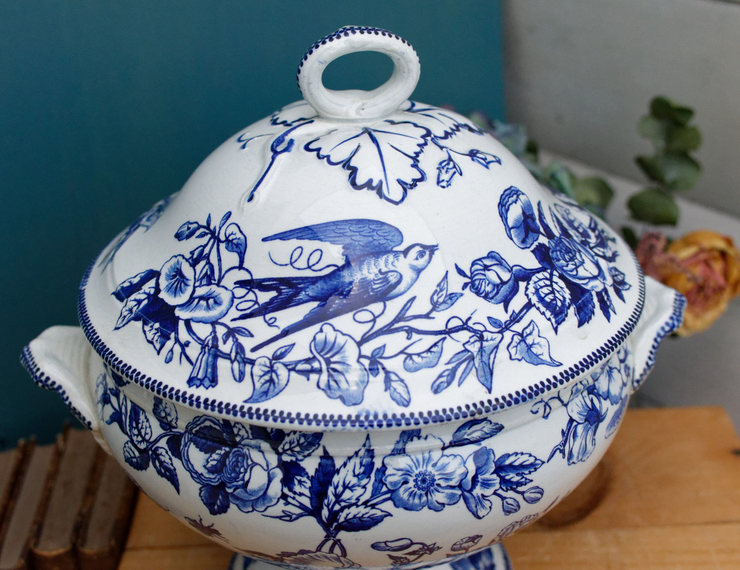 Médaille d'Or H.B. & Cie (Hautin, Boulenger) Choisy-Le-Roi French Antique Ironstone Blue Transferware Soup Tureen "Soupiere" Birds Terre de fer faience