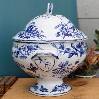 Médaille d'Or H.B. & Cie (Hautin, Boulenger) Choisy-Le-Roi French Antique Ironstone Blue Transferware Soup Tureen "Soupiere" Birds Terre de fer faience