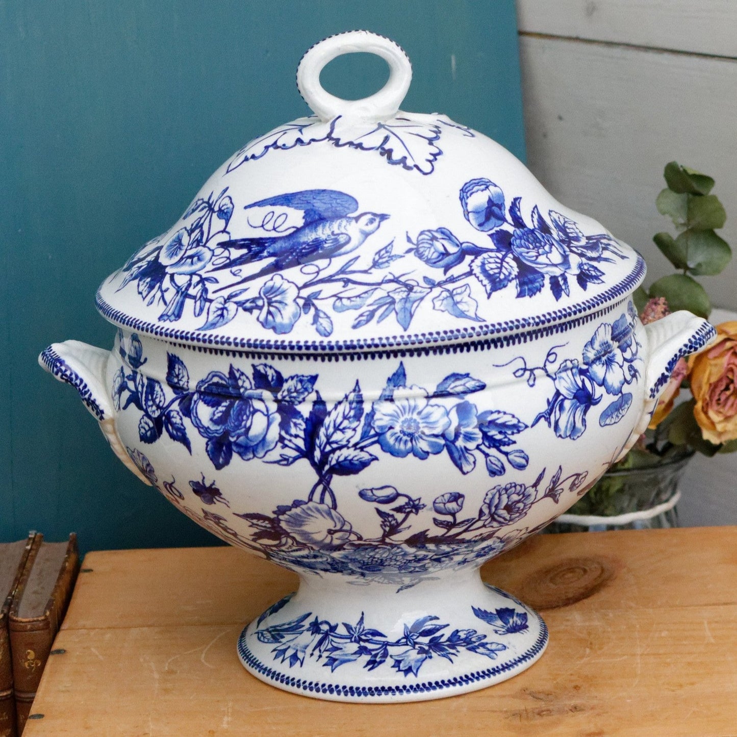 Médaille d'Or H.B. & Cie (Hautin, Boulenger) Choisy-Le-Roi French Antique Ironstone Blue Transferware Soup Tureen "Soupiere" Birds Terre de fer faience