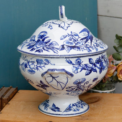 Médaille d'Or H.B. & Cie (Hautin, Boulenger) Choisy-Le-Roi French Antique Ironstone Blue Transferware Soup Tureen "Soupiere" Birds Terre de fer faience