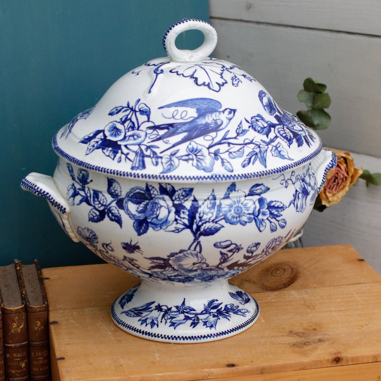 Médaille d'Or H.B. & Cie (Hautin, Boulenger) Choisy-Le-Roi French Antique Ironstone Blue Transferware Soup Tureen "Soupiere" Birds Terre de fer faience