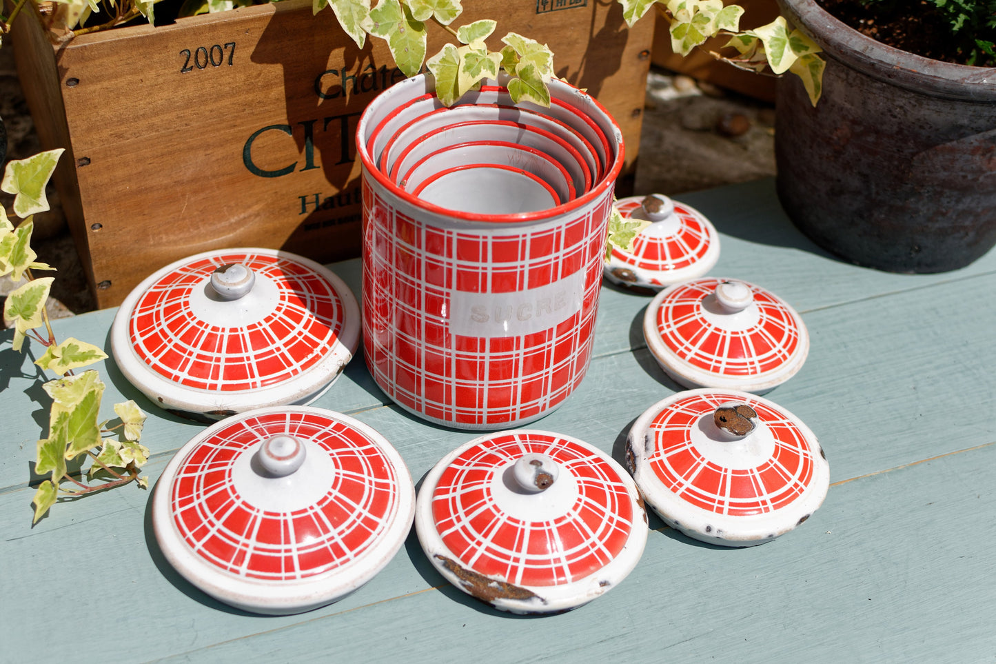 French Enamel Canister Set in Red plaid BB Frères